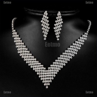 (Eetmo) Fashion Wedding Bridal Silver Jewelry Crystal Rhinestone Necklace Earrings Set