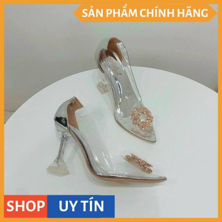 Giày/guốc cao gót mica bít mũi đính hoa đá gót ly cao 9p [M33]