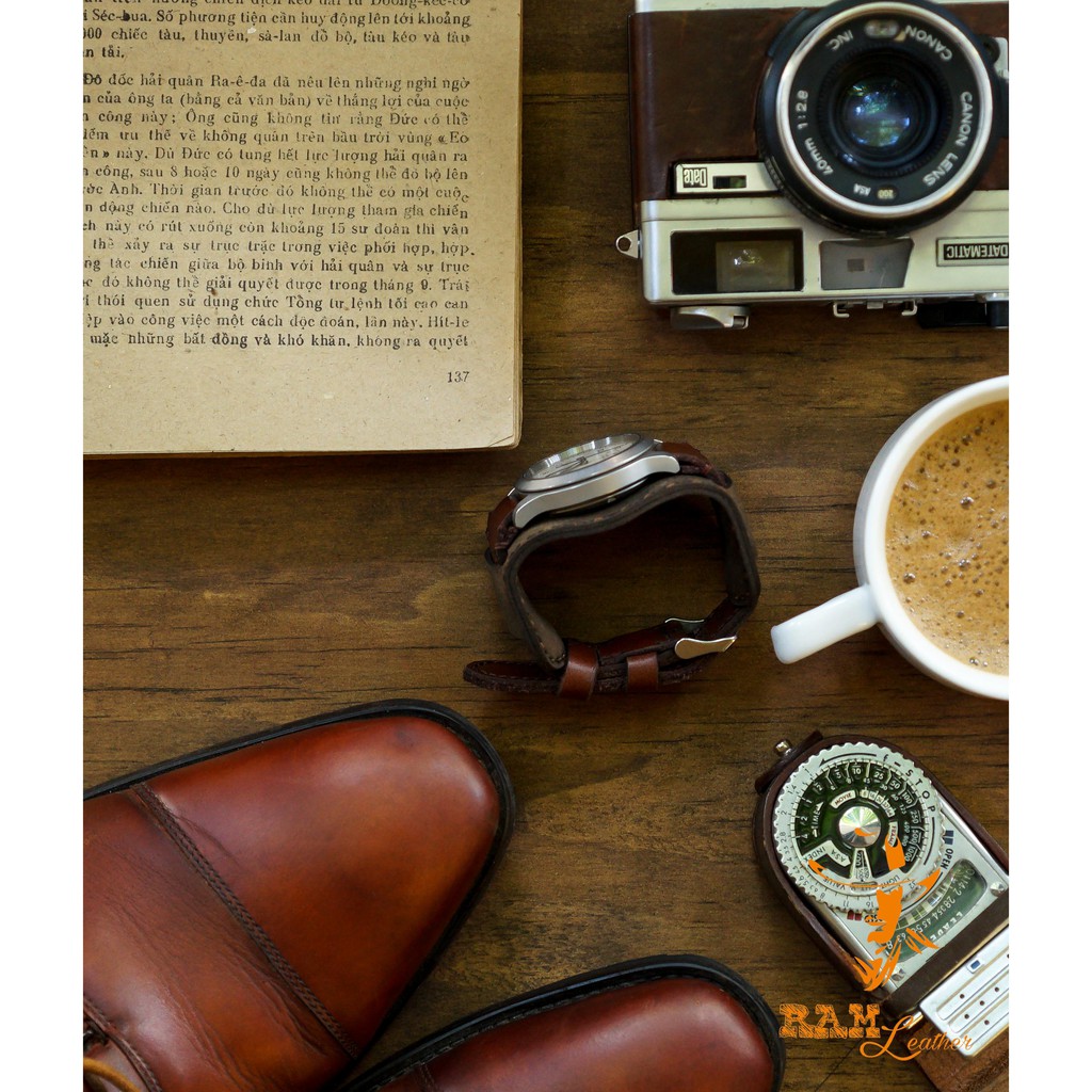 Combo dây đồng hồ da bò nâu đỏ kiểu quân đội cực đẹp RAM Leather B2 1980 - tặng khóa chốt và cây thay dây