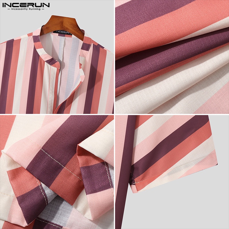 Áo sơ mi Kaftan dài INCERUN dáng rộng tay lỡ họa tiết kẻ sọc nhiều màu sắc cho nam