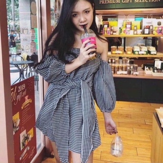 Đầm xòe trễ vai kẻ sọc thắt nơ eo hình thật TAOBAO