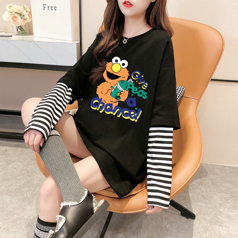 Áo Thun Tay Dài Giả Hai Lớp Dáng Rộng In Họa Tiết Hoạt Hình Phong Cách Hàn Quốc Thời Trang 2022 Cho Nữ