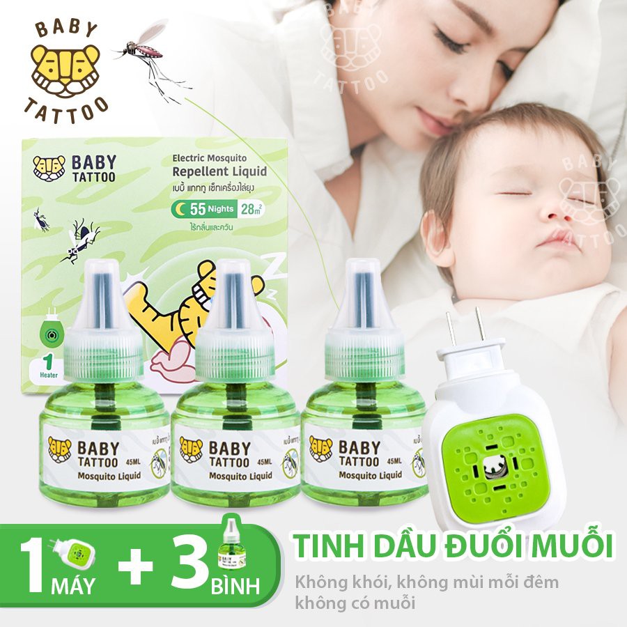 BABY TATTOO Combo 1 Máy Xông Và 3 Tinh Dầu Đuổi Muỗi Không Mù Không khói