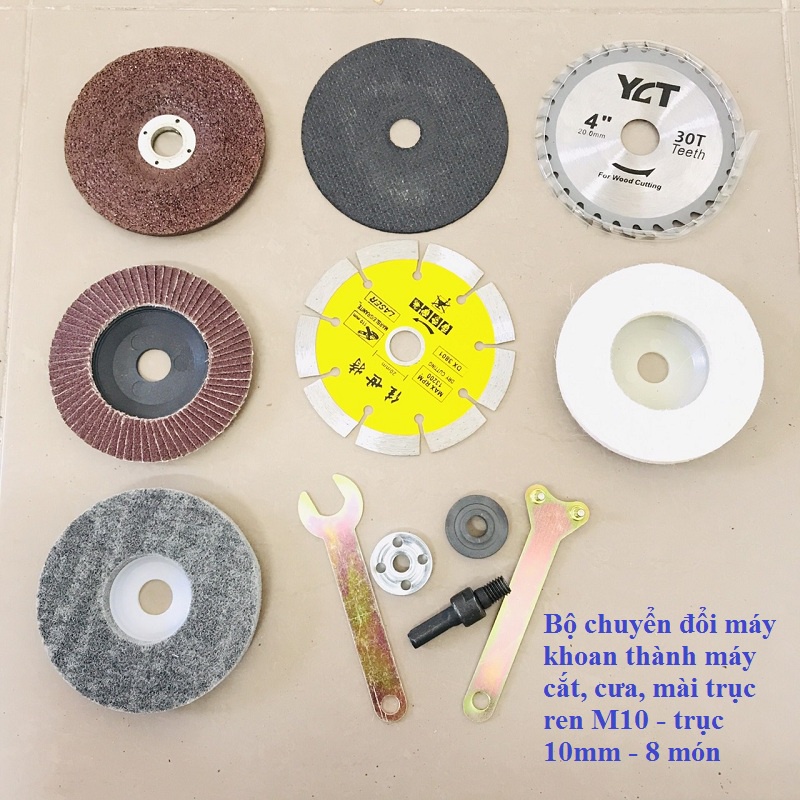 Bộ chuyển đổi máy khoan kèm đĩa cắt sắt cắt gạch cắt gỗ đá mài,đánh bóng trục 6mm - 10mm kèm bộ 6 món hoặc bộ 8 món