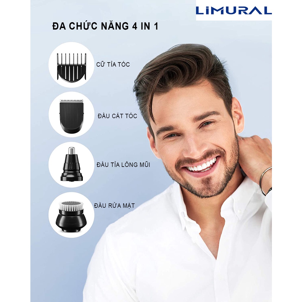 Máy cạo râu đa năng 4 lưỡi kép Limural từ Đức, cạo sát, êm, chống nước IPX6, sạc pin nhanh trong 2h