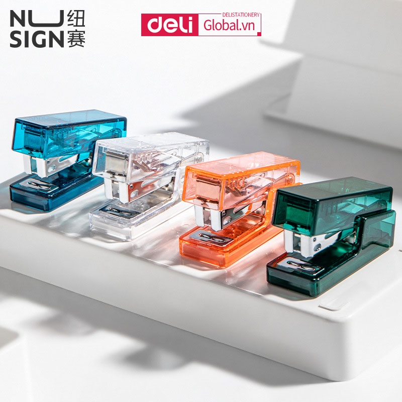 Hộp bấm kim loại mini 12 trang Deli Clear Case Bao gồm 1 hộp 24/6 kim bấm Tối giản Xanh lam / Xanh lá cây / Hồng / Trắng