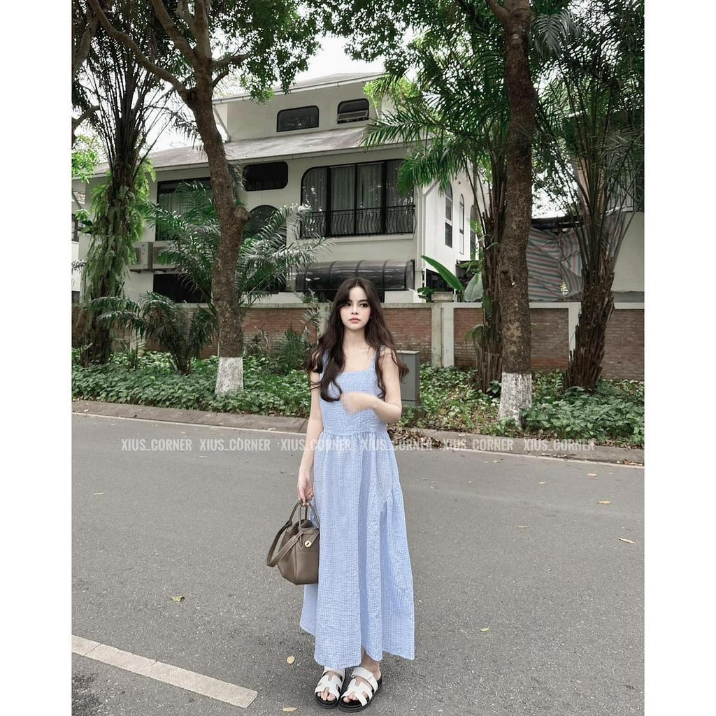 ĐẦM 2 DÂY XANH MIDI BẢN TO XỐP NHÚN TÙNG 2 BÊN (TH)