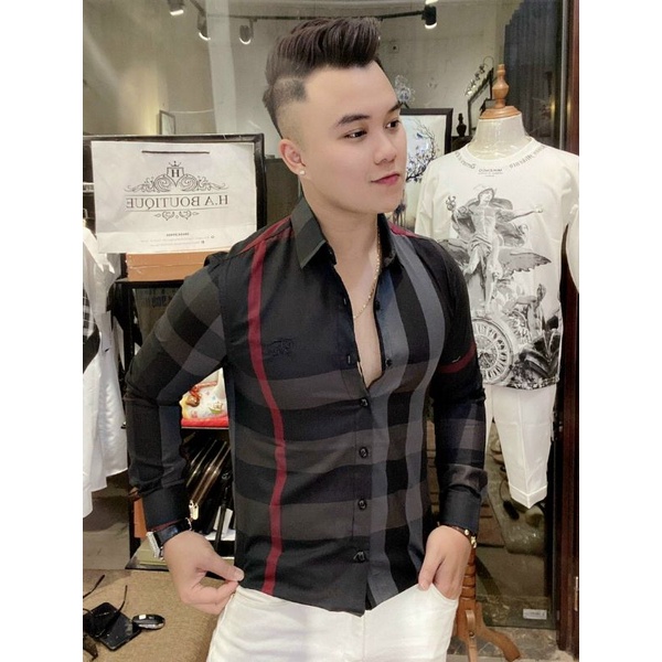 Áo sơ mi đen nam dài tay BBR Caro Kẻ Sọc Dáng Ôm, Vải Cotton Mềm Mịn Không Nhăn Thấm Hút Mồ Hôi