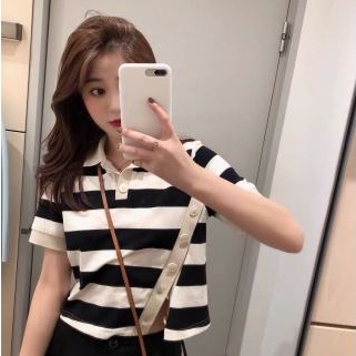 Áo polo Tay Ngắn Họa Tiết Kẻ Sọc Thời Trang Hàn Quốc Cho Nữ