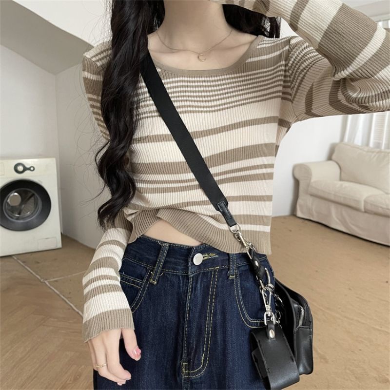 COZOK Áo Len Tay Dài Họa Tiết Kẻ Sọc Form Ôm Kiểu Dáng Retro Dễ Phối Đồ