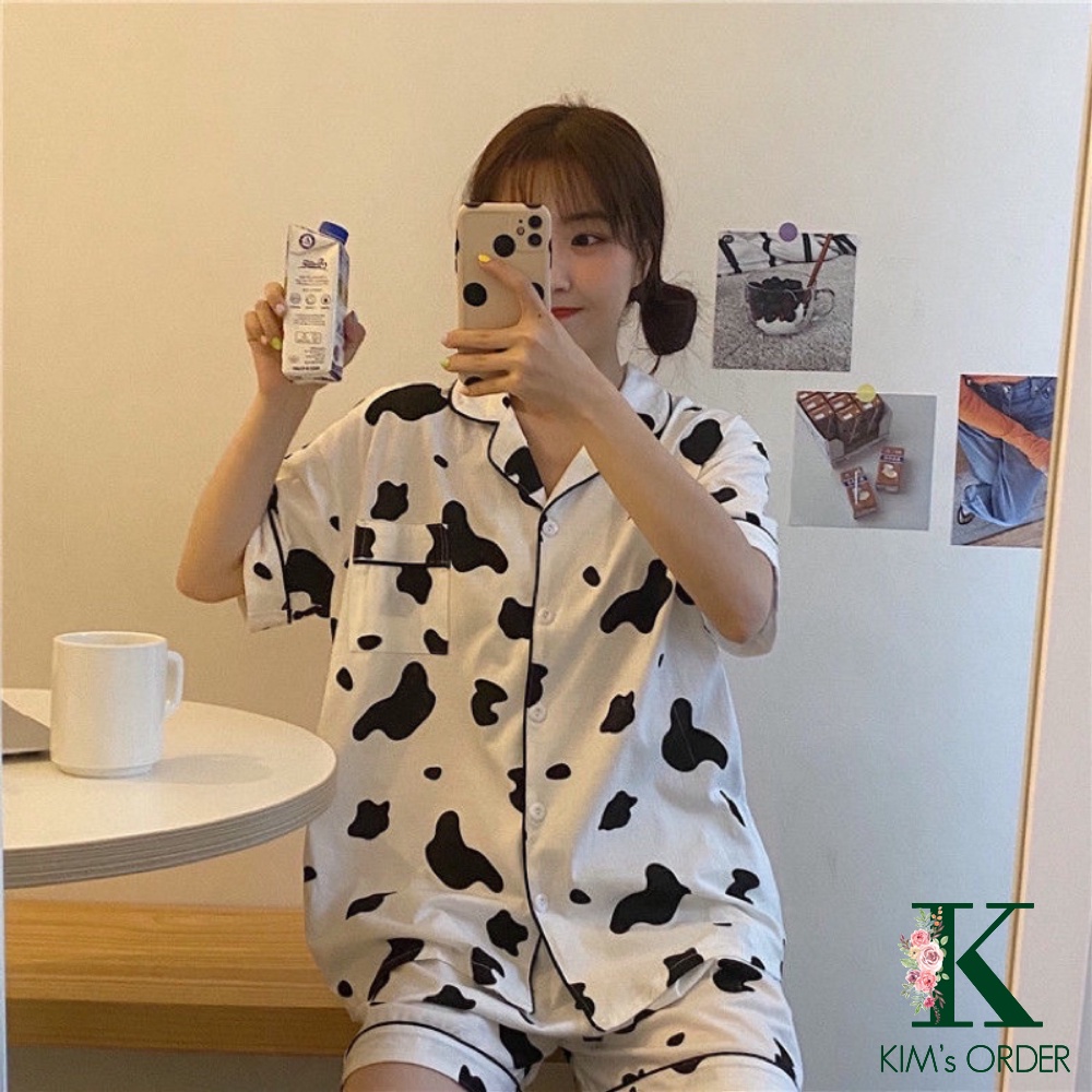 Set bộ mặc nhà pyjama dài tay, ngắn tay hoạ tiết bò sữa phong cách Ulzzang Hàn Quốc thời trang