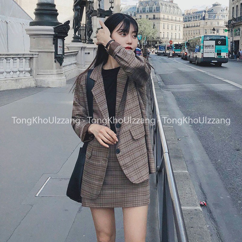 Áo Blazer 2 lớp FREE SIZE túi nắp - Chất vải Vitex Hàn - Đủ màu Đen/ Kem/ Nâu Tây/ Kẻ Nâu - Chuẩn Style ULZZANG