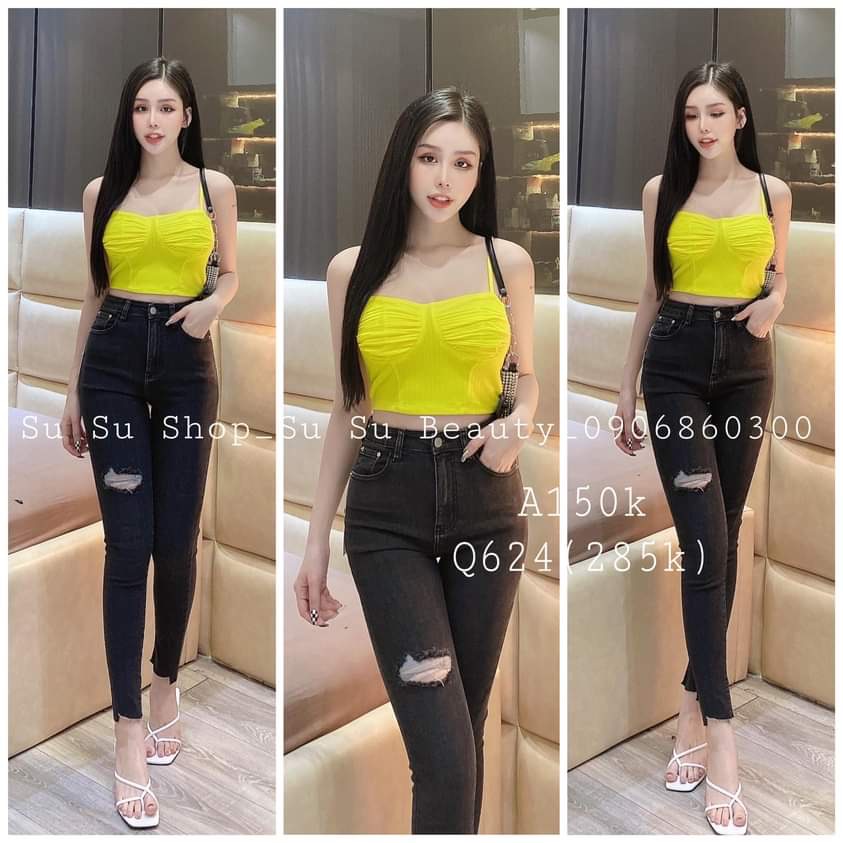 Áo 2 dây croptop nhúm 2 bên mút ngực cực xinh , chất thun gân mềm mịn