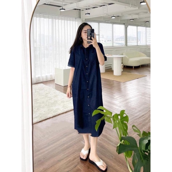 Đầm sơ mi jeans giấy dáng suông