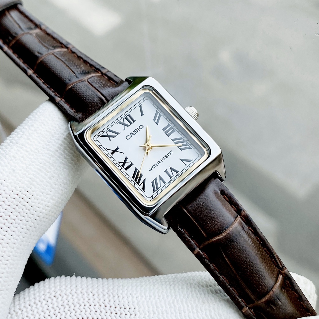 Đồng hồ Nữ Casio LTP-V007L-7B2, đồng hồ chính hãng, dây da nâu mặt trắng, chỉ vàng LA MÃ