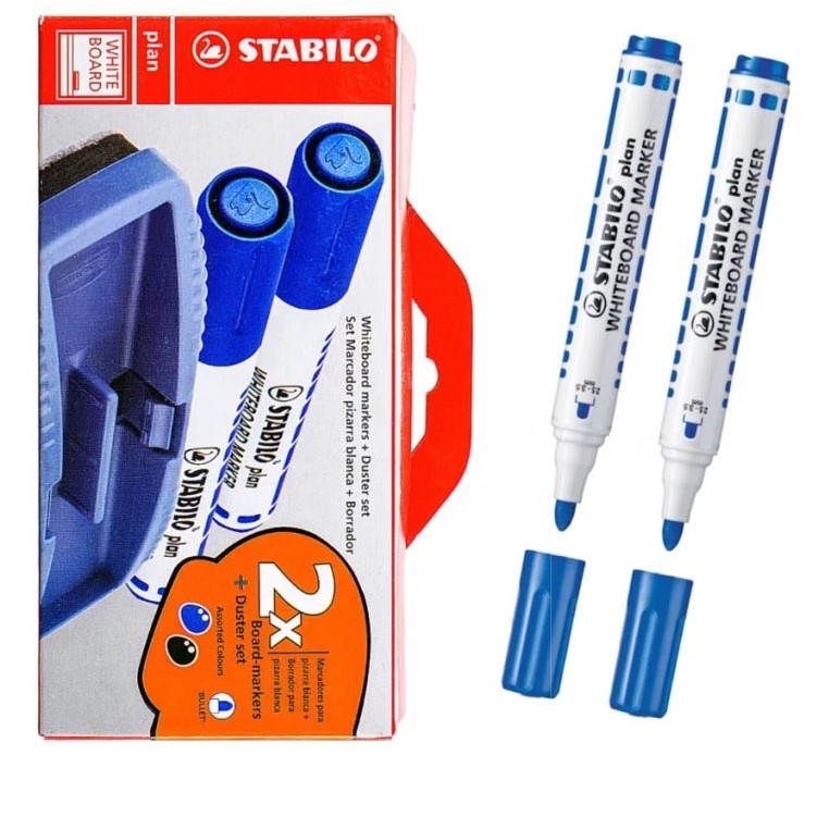 Bộ 2 bút viết bảng STABILO plan WHITEBOARD MARKER + Dụng cụ lau bảng lớn (WM641-2S)