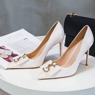 SWEETC Lụa trắng Giày cao gót Người phụ nữ Mũi nhọn Pháp Satin Nông Miệng Giày cao gót Thời trang Giày cưới Giày phù d