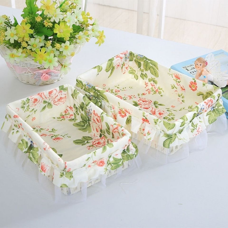 Pastoral Lovely Desktop Storage Box Cosmetics Basket Sundries Basket Lace Fabric Key Remote Control Storage Small Basket