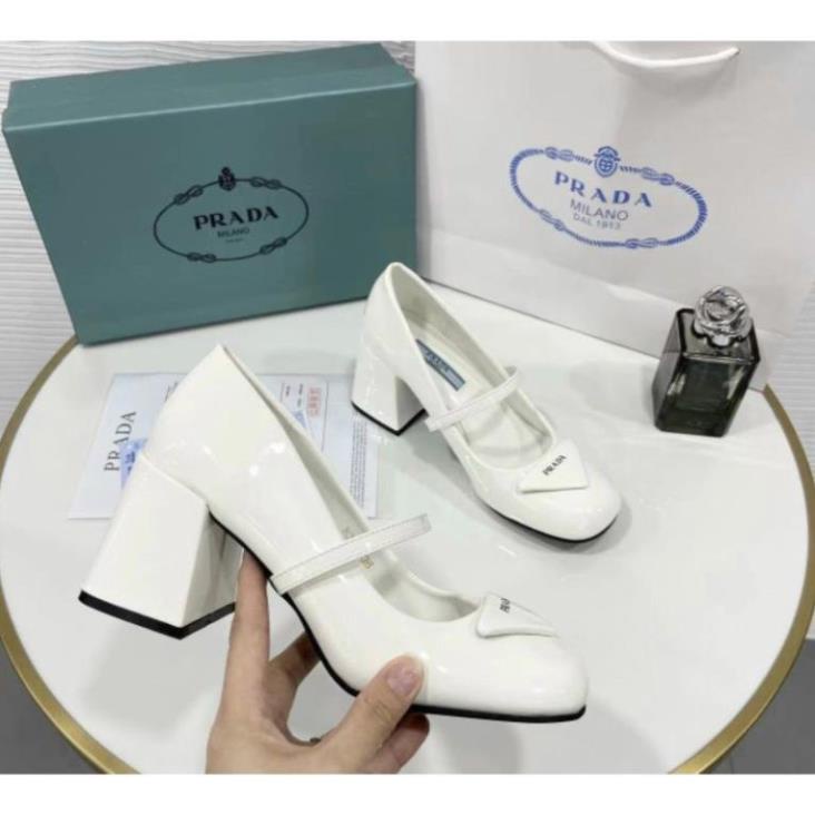 (ẢNH THẬT) Giày Bít Gót Cao 7p Prada Mũi Tròn Da Bóng Mềm Êm Fullbox Bill Túi Cao Cấp 🍬 👢