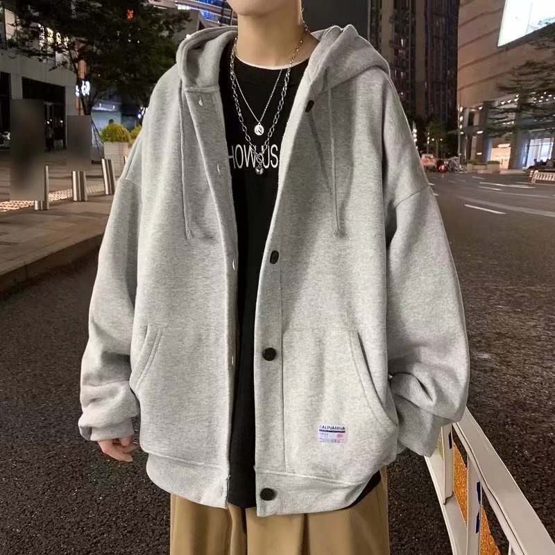 Áo Khoác Hoodie Dáng Rộng Màu Trơn Phối Nút Thời Trang Hàn Quốc Cho Nam Và Nữ