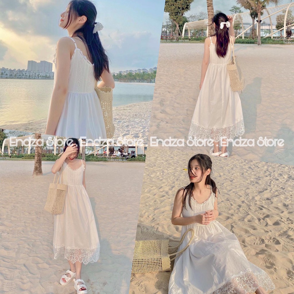 Váy 2 dây nữ maxi viền ren trắng nữ tính Hàn Quốc. Đầm xoè ren trắng hai dây đi dạo, đi biển cực xinh - ENDZA STORE