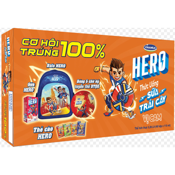 THÙNG 48 HỘP - THỨC UỐNG SỮA TRÁI CÂY HERO VỊ DƯA HẤU/CAM/DÂU/KẸO NHO 110ML