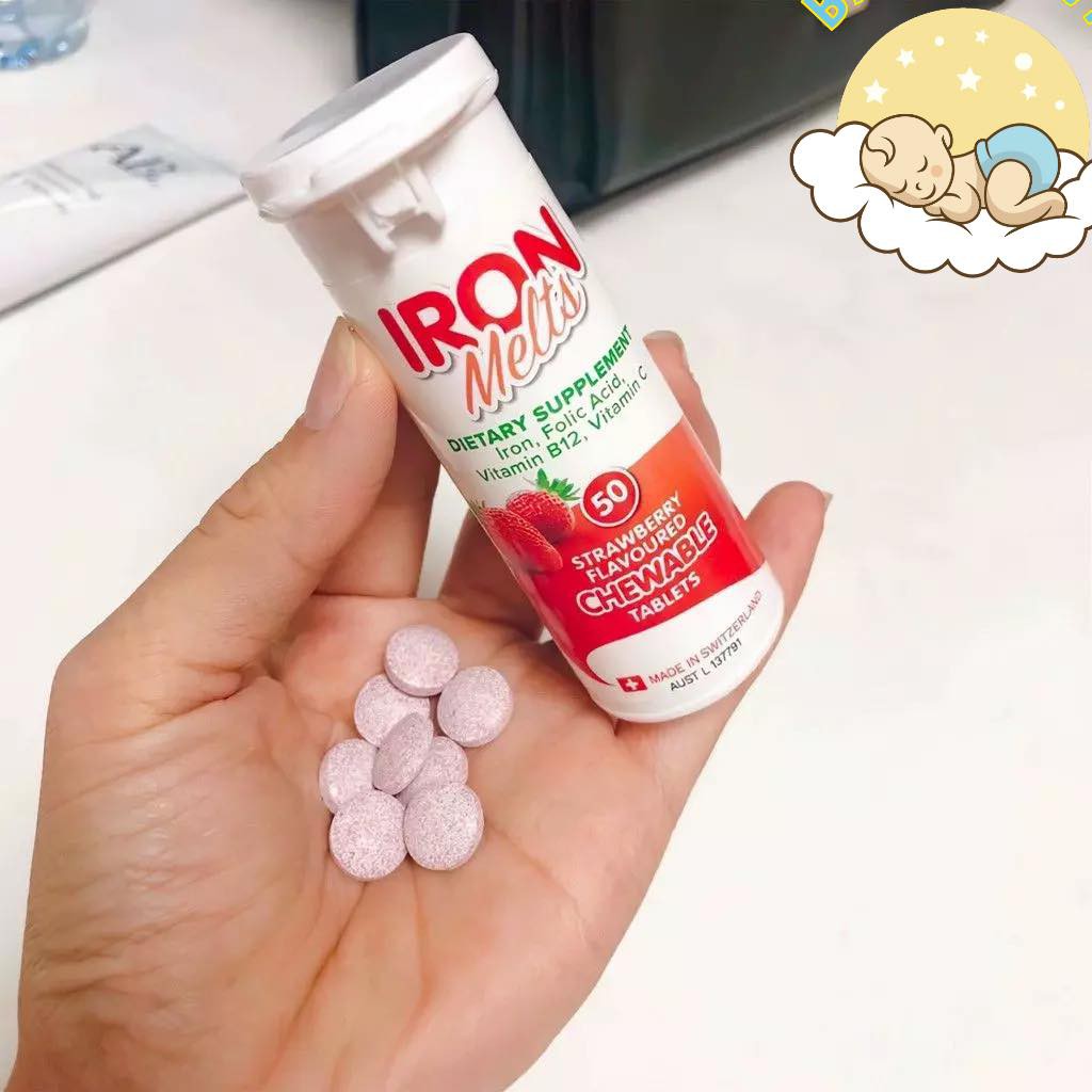 Kẹo sắt ngậm vị dâu Iron Melts Chewable, hộp 50 viên