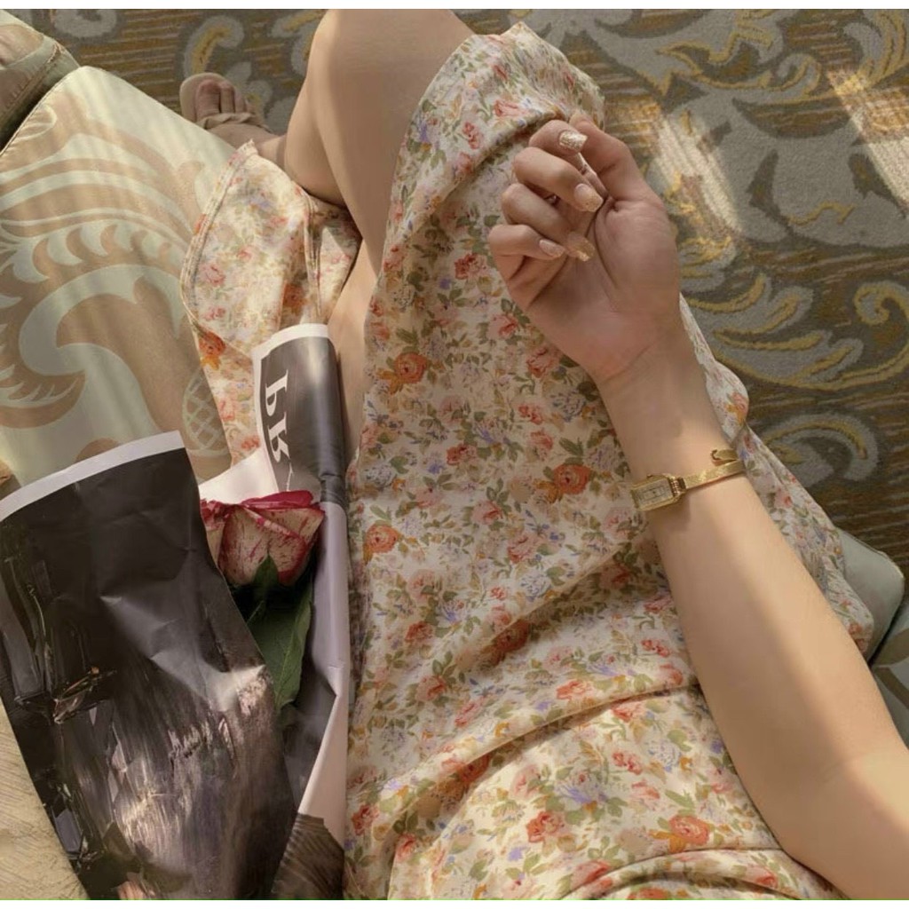 VN44 - VÁY HOA CAM RÚT EO VOAN TƠ CHO NỮ | BigBuy360 - bigbuy360.vn