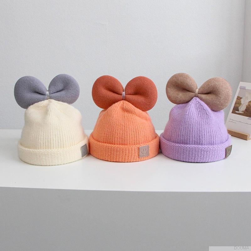 Mũ beanie dệt kim mềm co giãn đính nơ màu kẹo dễ thương dành cho bé sơ sinh