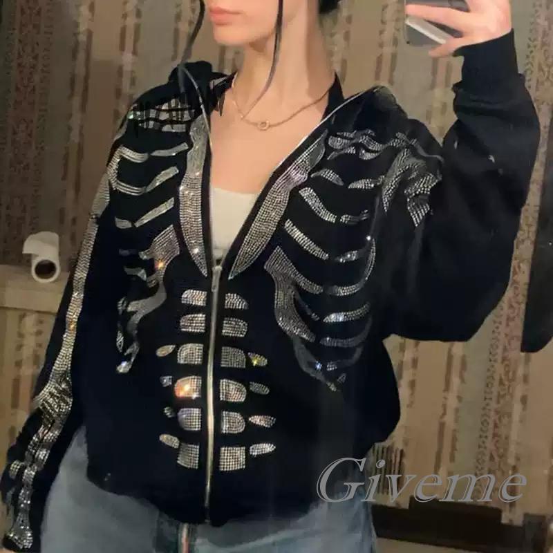 Áo Khoác Nỉ Dài Tay Có Khóa Kéo In Hình Bộ Xương Đính Đá Givenme Thời Trang Xuân Thu Cho Nữ