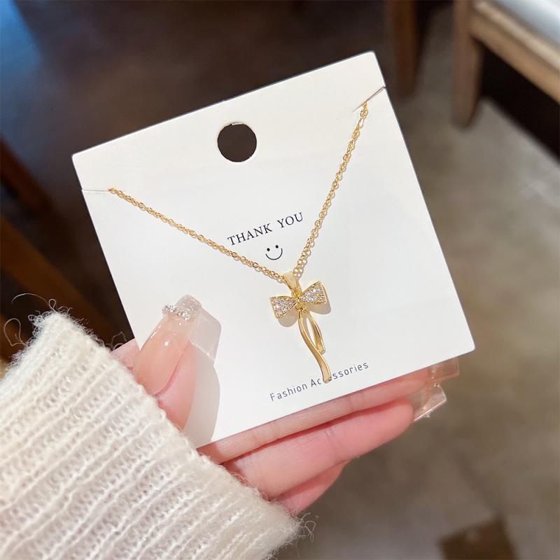 XIAOBOACC Dây Chuyền Thép Titan Mặt Hình Nơ Đính Đá Xinh Xắn Cho Nữ