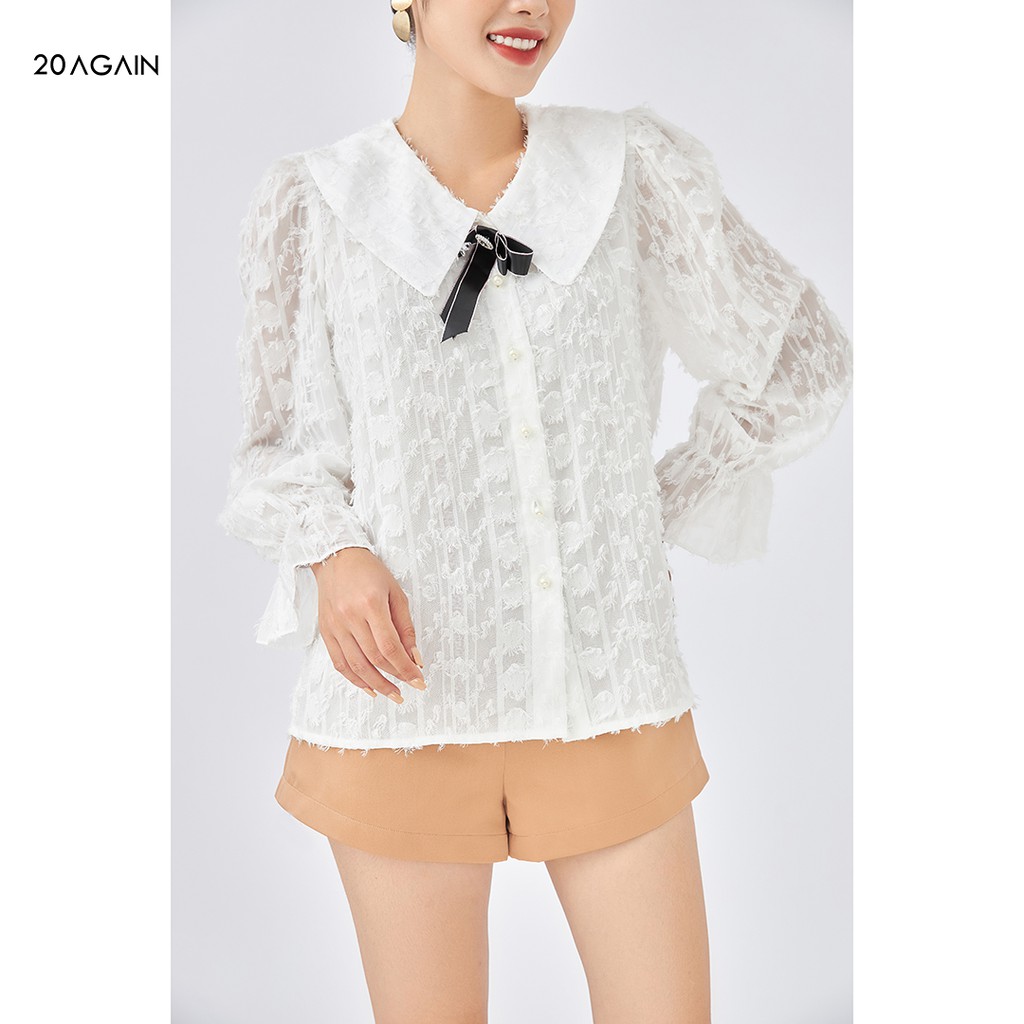[Mã WABR20AG15 giảm 10% đơn 99K] Áo sơ mi nữ 20Again cổ sen đính nơ, tay áo bo điệu đà ASC0106