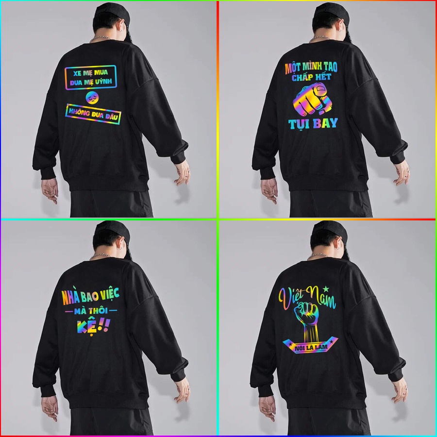 Áo Nỉ Sweater Phản Quang Bảy Màu Nam Nữ Dài Tay Thu Đông, Fom Rộng, Bo Tay, Bo Gấu, Phản Quang Tỏa Sáng Thu Hút Ánh Nhìn