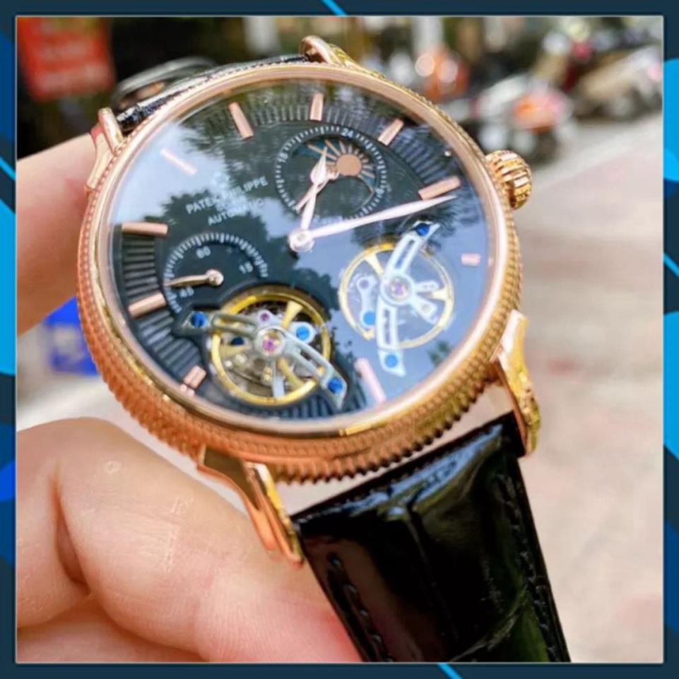 Đồng hồ Nam P.898 2 tim máy nhật, mặt đen viền vàng, dòng cơ Automatic size 42mm , Đồng hồ thật giá trị thật