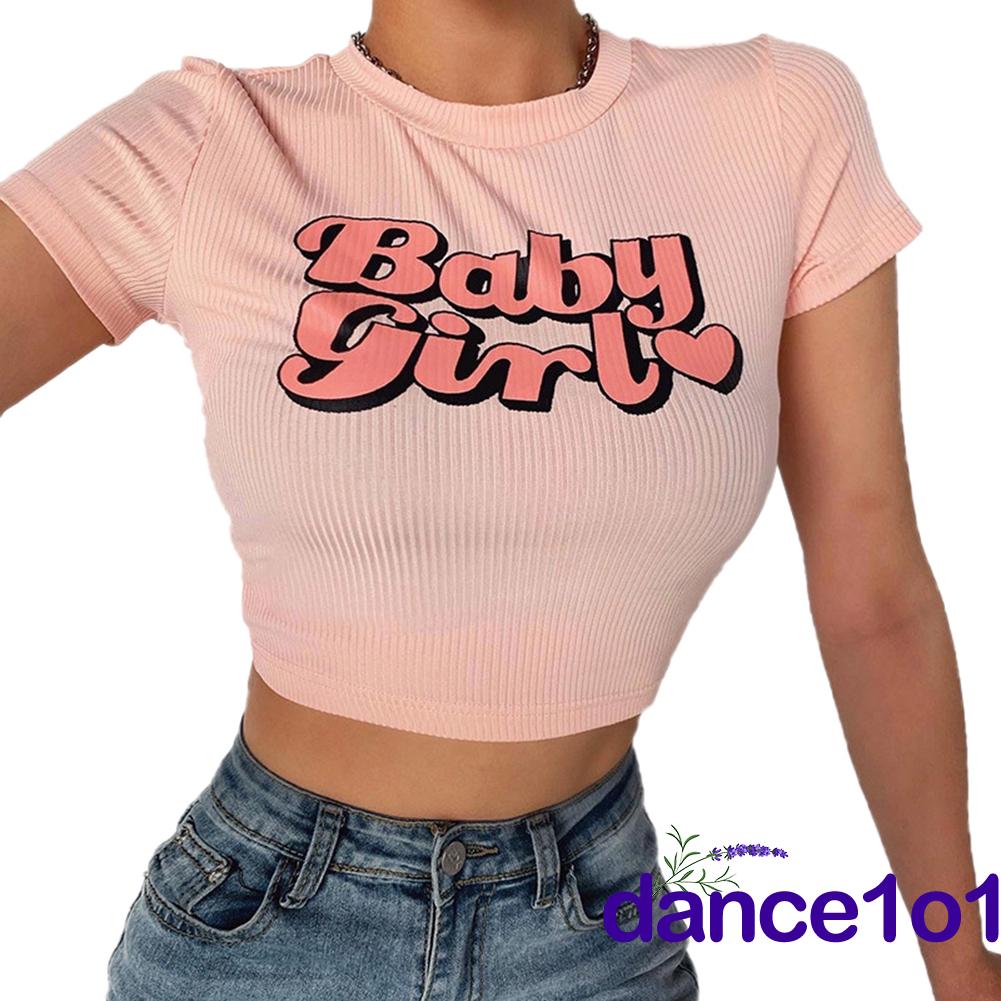 Áo croptop ngắn tay cổ tròn in chữ đáng yêu thời trang cho nữ