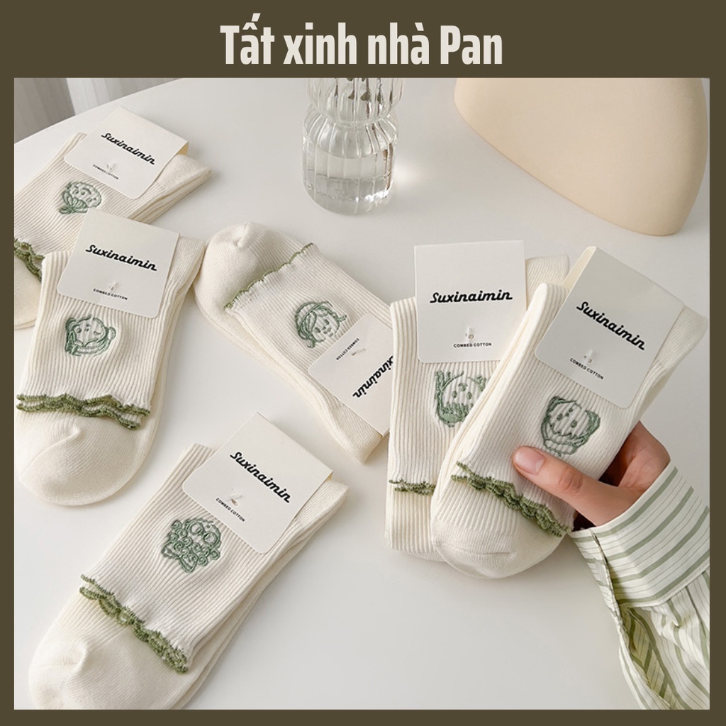 Tất Vớ Thêu Hình Cô Gái viền sóng xanh lá cotton cao cấp