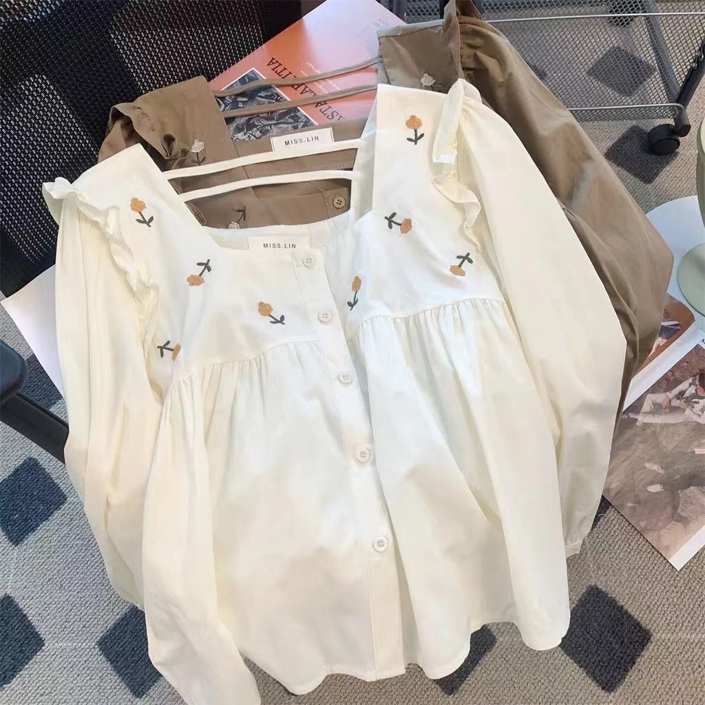 Áo Sơ Mi Nữ Tay Dài Cổ Vuông Rộng Phong Cách Hàn Quốc baju baju wanita Lenan panjang
