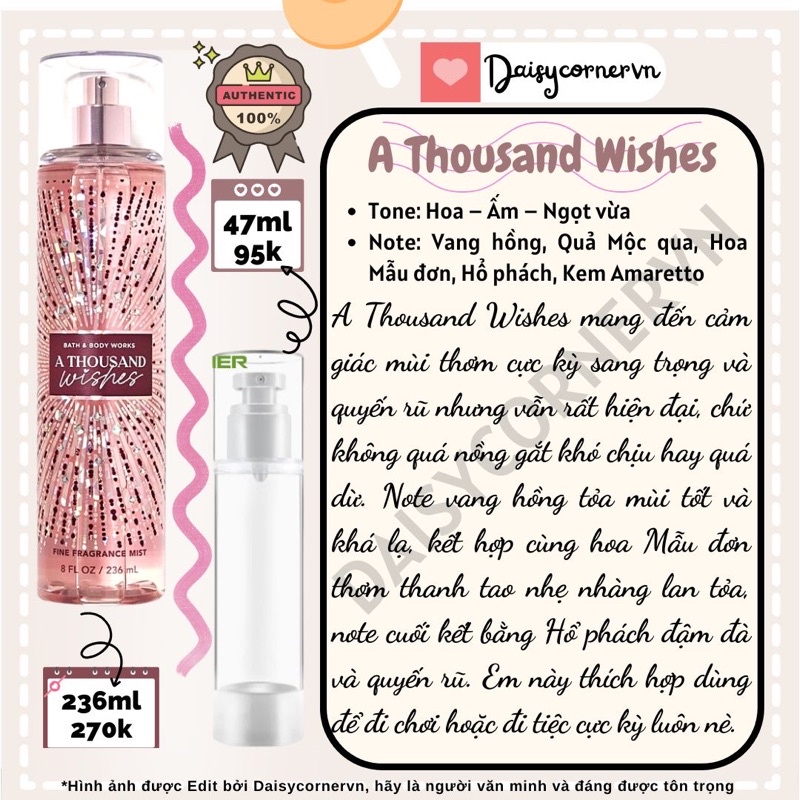 Xịt thơm Body Mist/ Shower Gel tắm A Thousand Wishes Bath & Body Works