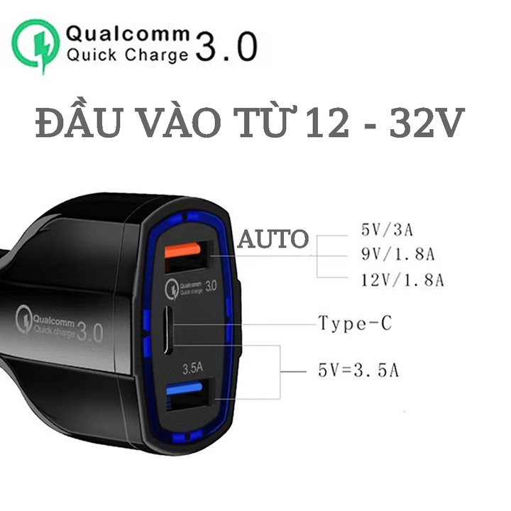 Tẩu Sạc Trên Ô Tô Trang Bị Cổng Type-C Và USB Có Đèn LED