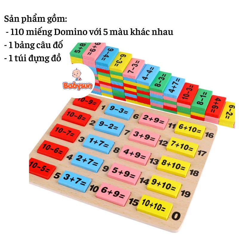 Bộ 110 Quân Domino Phép Tính Học Toán Bằng Gỗ, Đồ Chơi Toán Học, Ghép Hình, Xếp Hình Cho Bé