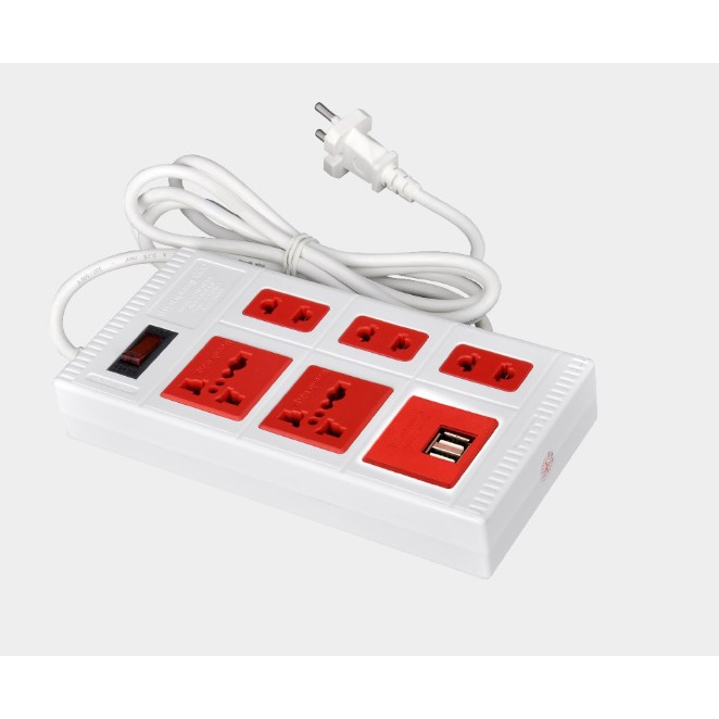 Ổ Cắm Điện Quang ECO ĐQ ESK 5ECO 2A - 5 lỗ- 5M, 2 cổng USB 2.0A, màu trắng đỏ