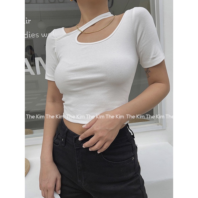 Áo thun croptop ngắn tay chất cotton phối dây chéo cổ , áo phông basic The Kim A110