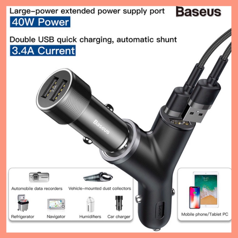 Tẩu Sạc Ô Tô Mở Rộng 3-in-1 Dùng Cho Xe Hơi Baseus Y Type Dual USB (40W, 3.4A Fast Charge, Intelligent Car charger)