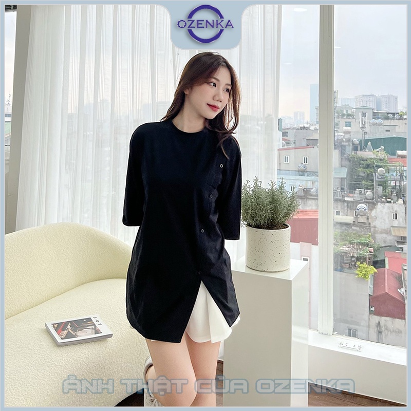 Áo phông nữ form rộng tay lỡ oversize sẻ tà ozenka , áo thun nữ cổ tròn chất cotton 100% màu đen trắng