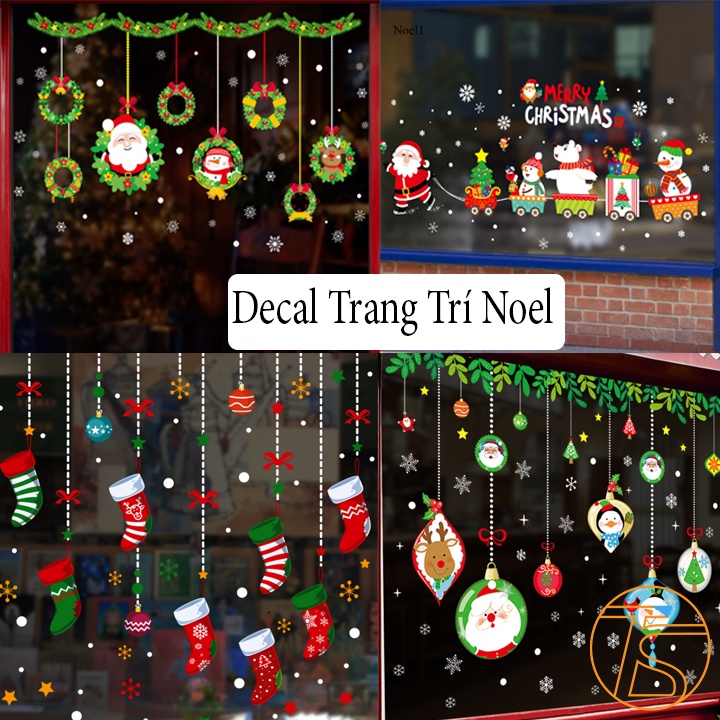Decal trang trí Noel dán kính mẫu ông gIà noel, cây thông, xe chở quà tặng, chúc mừng năm mới