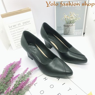 Giày cao gót nữ da lì đế vuông 7cm vạt chéo hàng VNXK da mềm êm chân -HC04