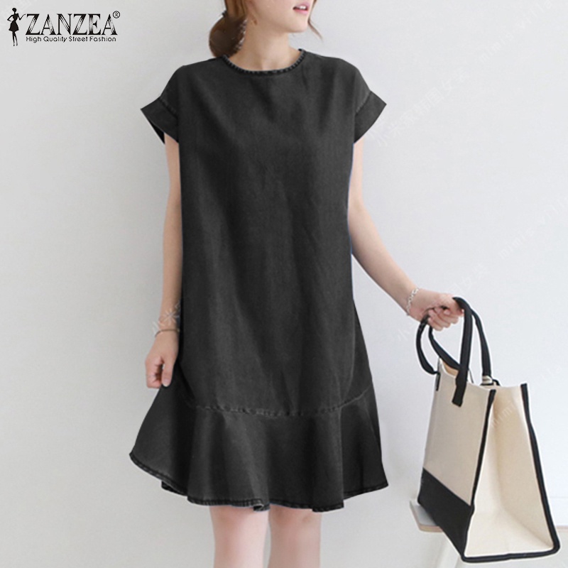 Đầm denim ZANZEA cổ tròn viền bèo phong cách Hàn Quốc thời trang cho nữ