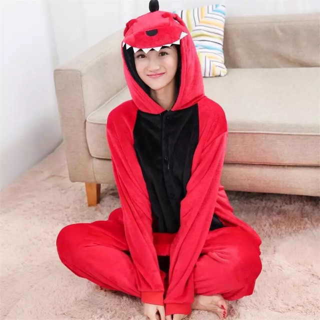 Pijama thú bông hình khủng long đỏ (sẵn cho bé và người lớn)