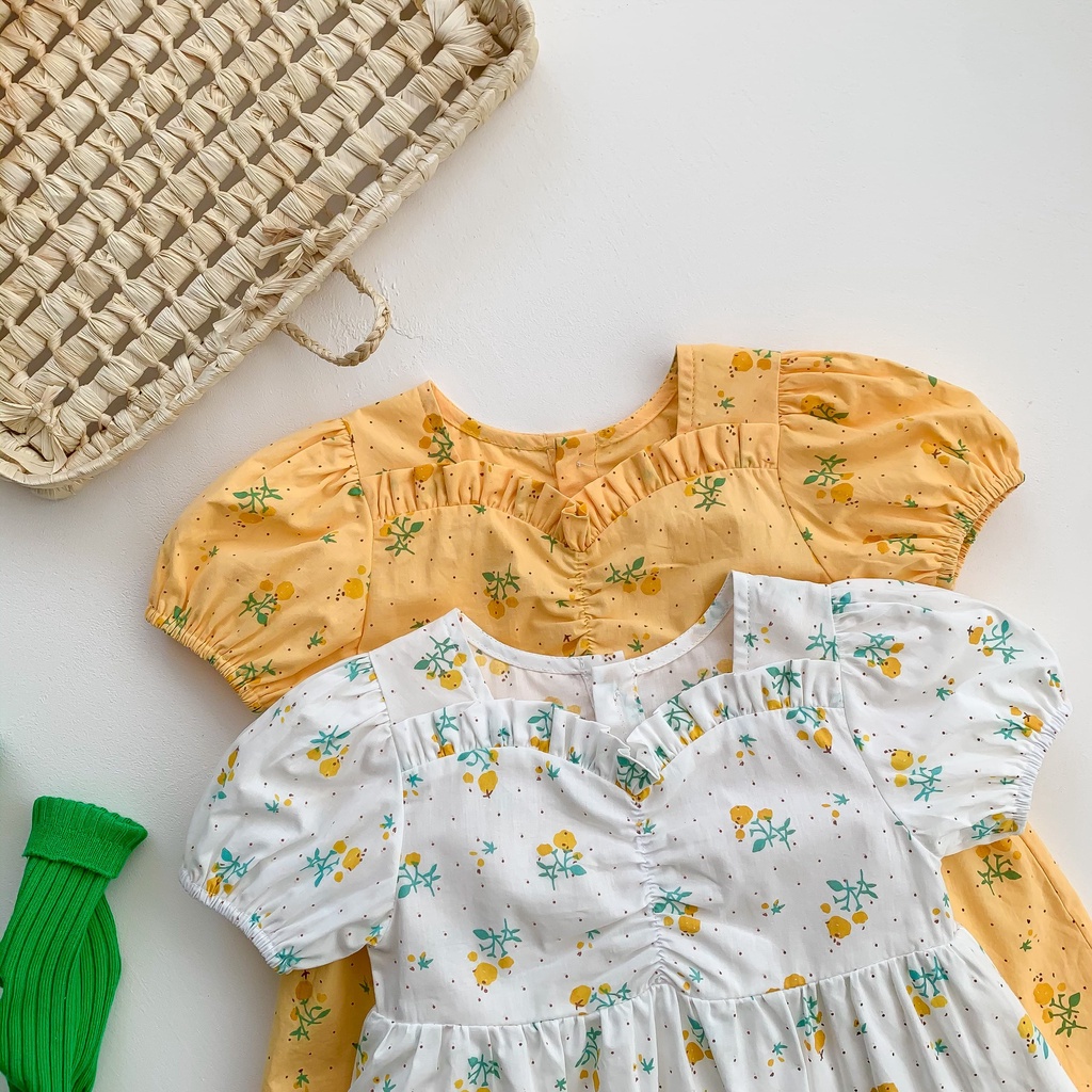 Bộ Áo Liền Quần Tay Phồng Chất Liệu Cotton In Họa Tiết Hoa Xinh Xắn Cho Bé Gái 66-90cm