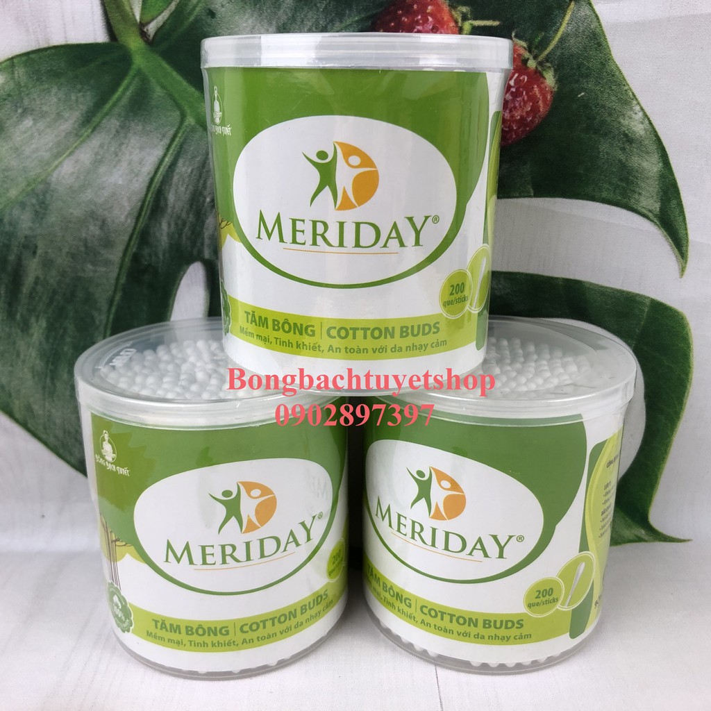 Tăm Bông Meriday đầu tăm lớn HỘP TRÒN XOAY 200 que - Tăm Bông KOTTON CARE 200 que Chính hãng Bông Bạch Tuyết